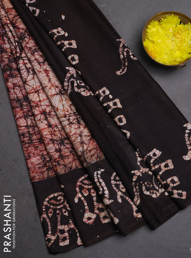 Batik cotton saree deep maroon with allover prints and batik printed border