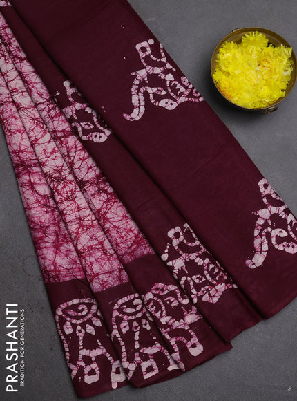 Batik cotton saree deep wine with allover prints and batik printed border
