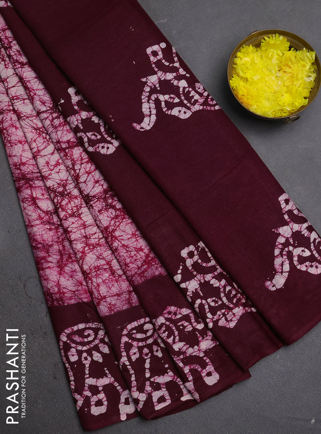 Batik cotton saree deep wine with allover prints and batik printed border