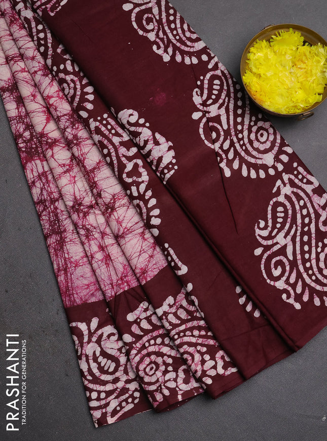 Batik cotton saree deep wine with allover prints and batik printed border
