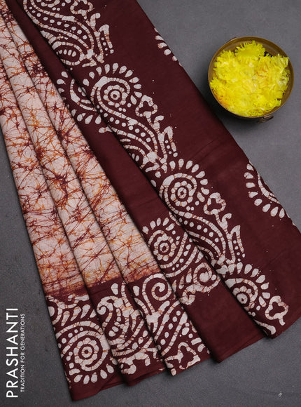 Batik cotton saree deep maroon with allover prints and batik printed border
