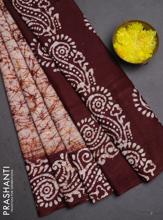 Batik cotton saree deep maroon with allover prints and batik printed border