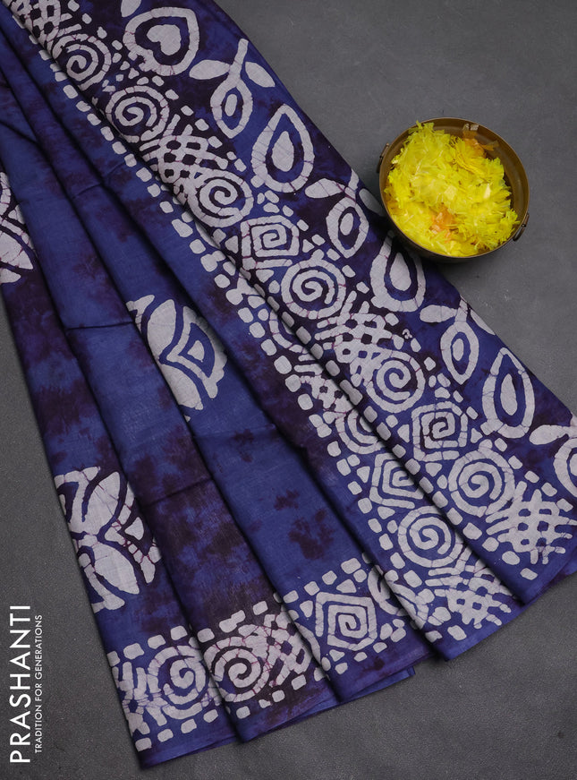 Batik cotton saree blue with batik butta prints and batik printed border