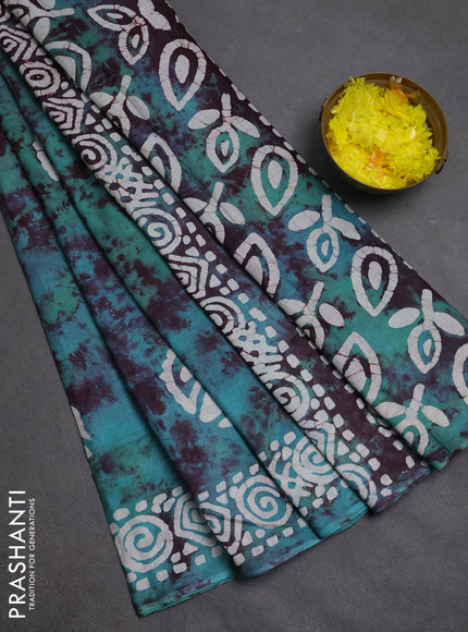 Batik cotton saree teal green with batik butta prints and batik printed border