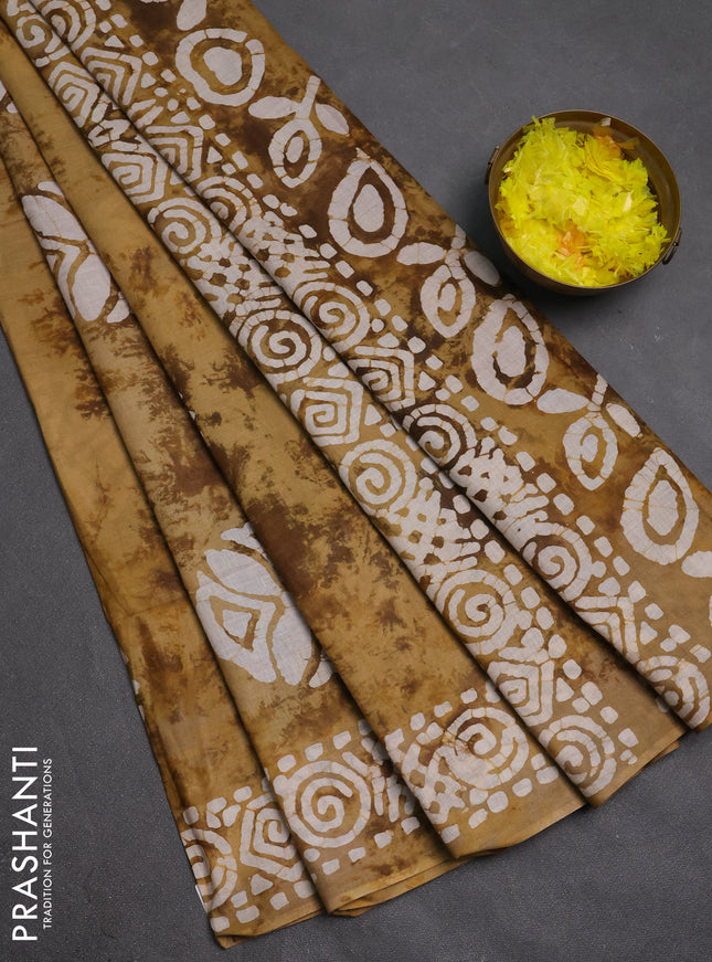 Batik cotton saree mehendi green with batik butta prints and batik printed border