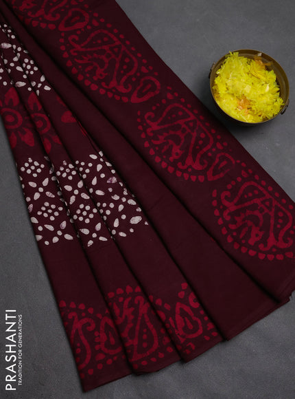 Batik cotton saree deep wine shade with allover prints and batik printed border