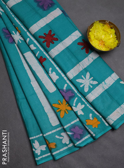 Batik cotton saree teal green with batik butta prints and batik printed border