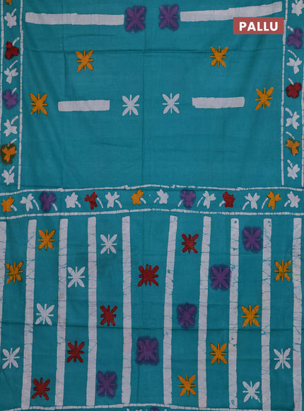 Batik cotton saree teal green with batik butta prints and batik printed border