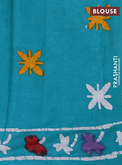Batik cotton saree teal green with batik butta prints and batik printed border