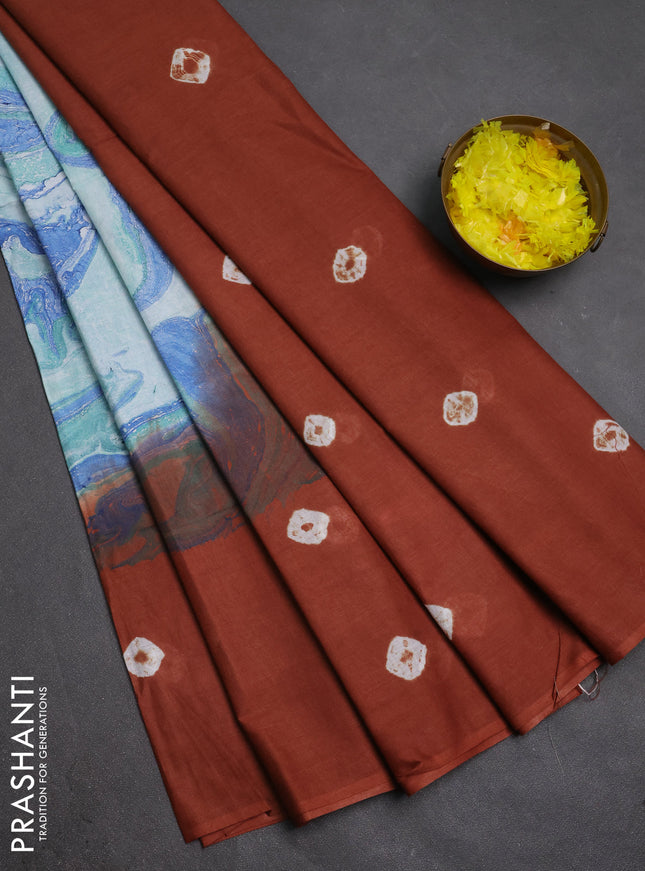 Batik cotton saree multi colour and rust shade with allover prints and batik printed border