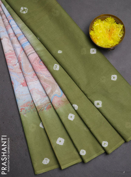 Batik cotton saree multi colour and mehendi green with allover prints and batik printed border