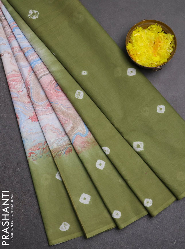 Batik cotton saree multi colour and mehendi green with allover prints and batik printed border