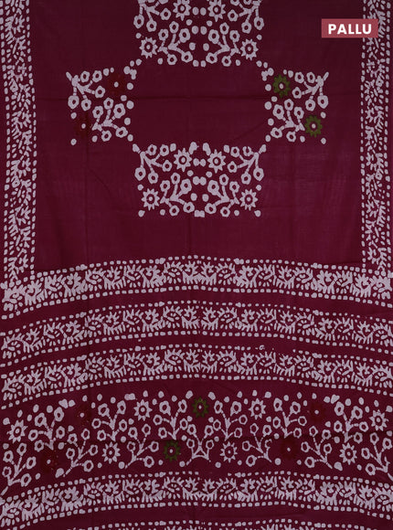 Batik cotton saree wine shade with batik butta prints and batik printed border