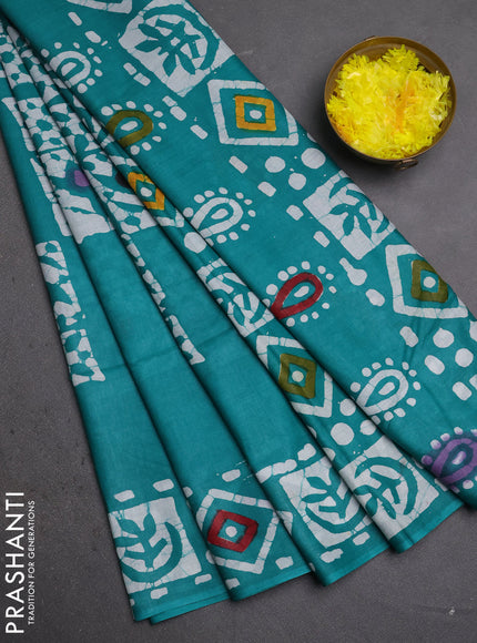 Batik cotton saree teal green with batik butta prints and batik printed border