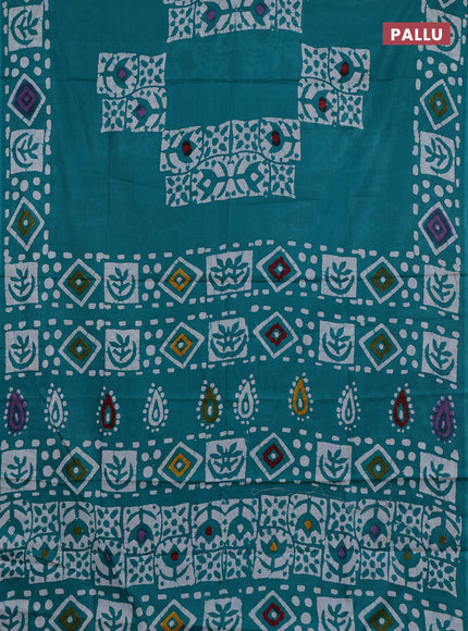 Batik cotton saree teal green with batik butta prints and batik printed border