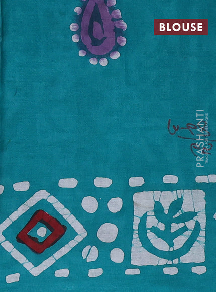 Batik cotton saree teal green with batik butta prints and batik printed border