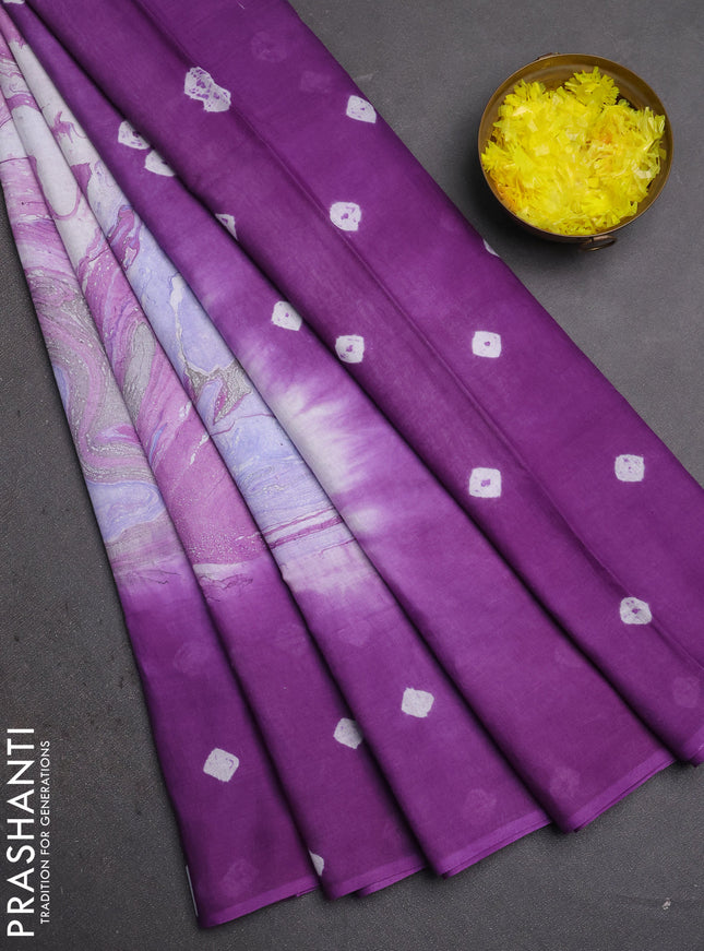 Batik cotton saree multi colour and purple with allover prints and batik printed border