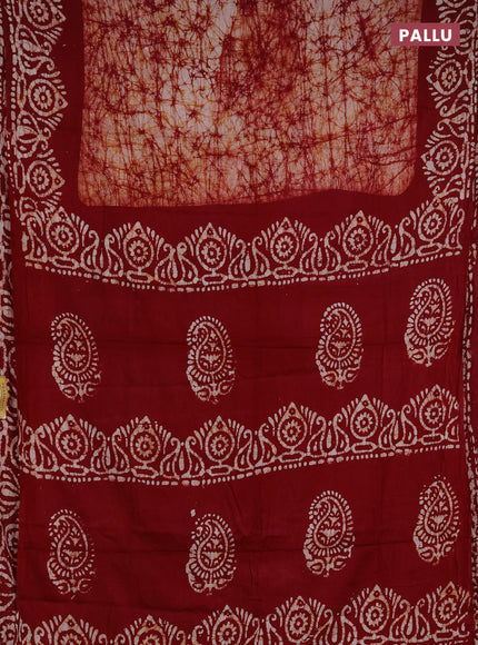 Batik cotton saree maroon with allover prints and batik printed border