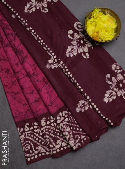 Batik cotton saree pink and wine shade with allover prints and batik printed border