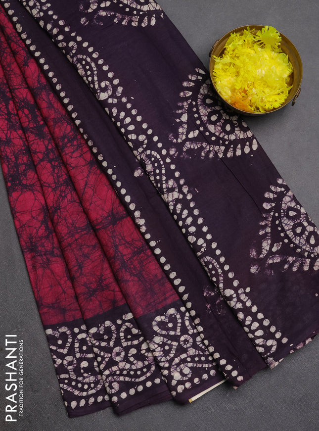 Batik cotton saree wine and deep wine with allover prints and batik printed border