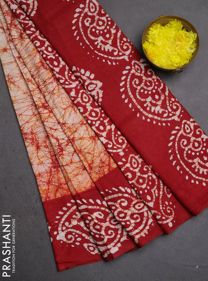 Batik cotton saree maroon with allover prints and batik printed border
