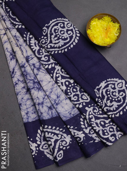 Batik cotton saree navy blue with allover prints and batik printed border