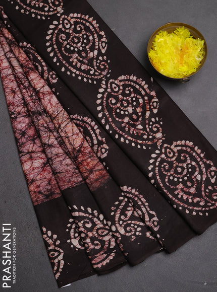 Batik cotton saree deep maroon and coffee brown with allover prints and batik printed border