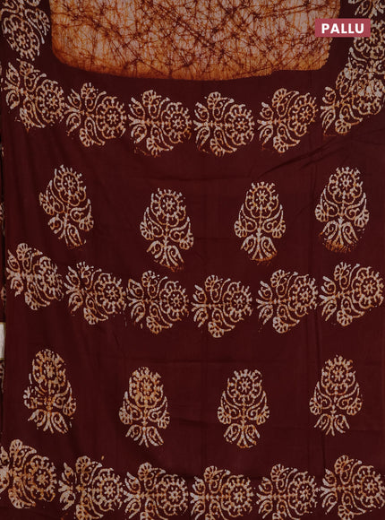 Batik cotton saree mustard yellow and deep maroon with allover prints and batik printed border