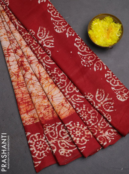 Batik cotton saree maroon with allover prints and batik printed border