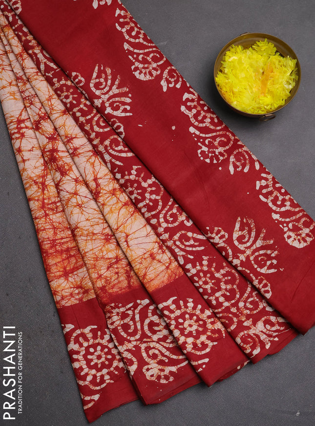Batik cotton saree maroon with allover prints and batik printed border