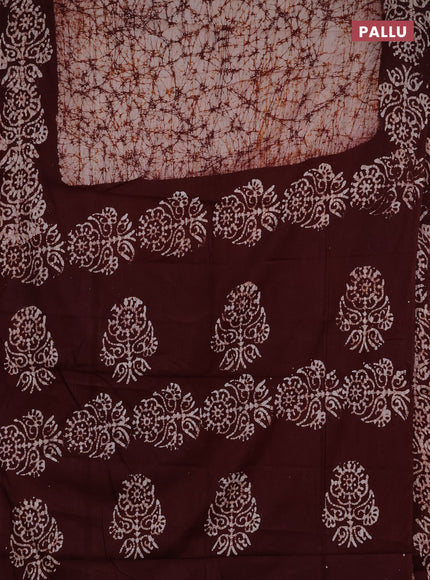 Batik cotton saree beige and coffee brown with allover prints and batik printed border