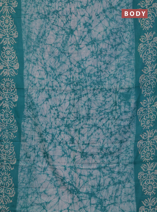 Batik cotton saree teal green with allover prints and batik printed border