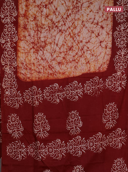 Batik cotton saree beige and deep maroon with allover prints and batik printed border