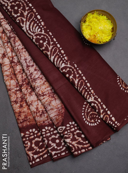 Batik cotton saree deep maroon with allover prints and batik printed border