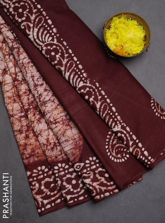 Batik cotton saree deep maroon with allover prints and batik printed border