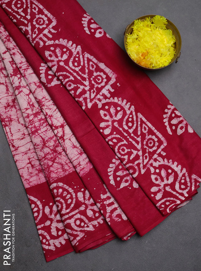 Batik cotton saree pink with allover prints and batik printed border