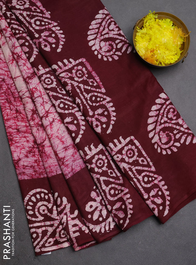 Batik cotton saree deep wine shade with allover prints and batik printed border
