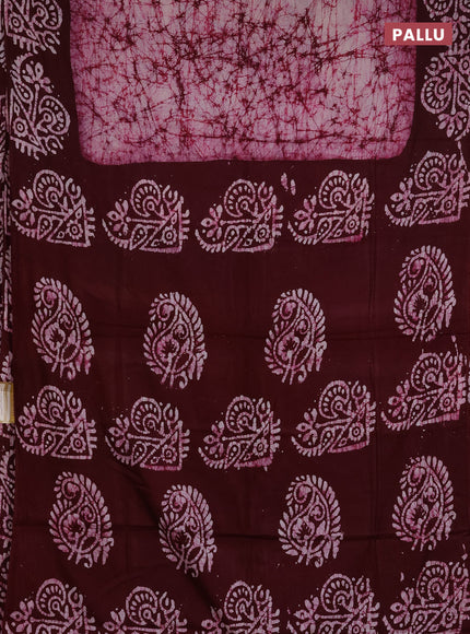 Batik cotton saree deep wine shade with allover prints and batik printed border