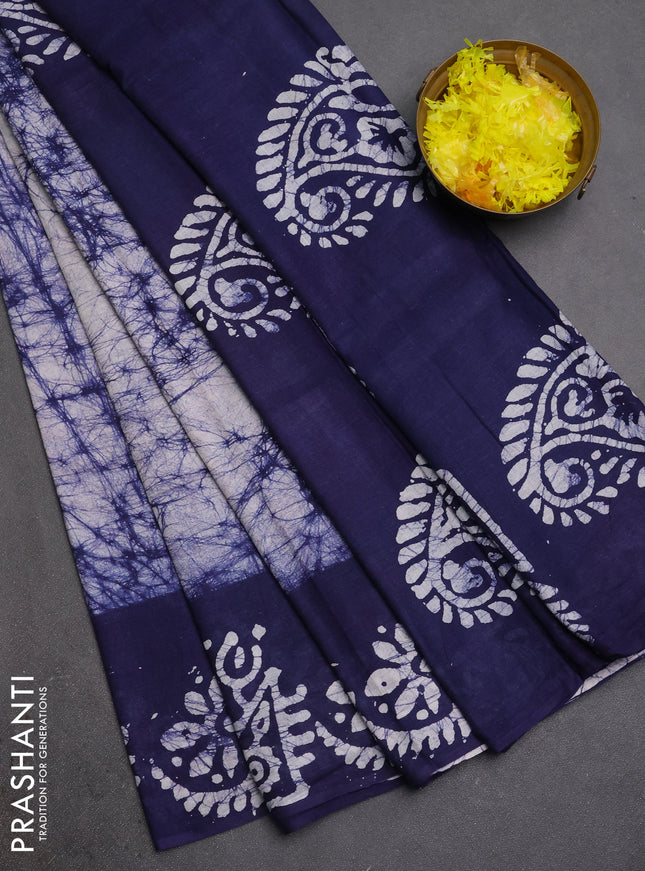 Batik cotton saree navy blue with allover prints and batik printed border