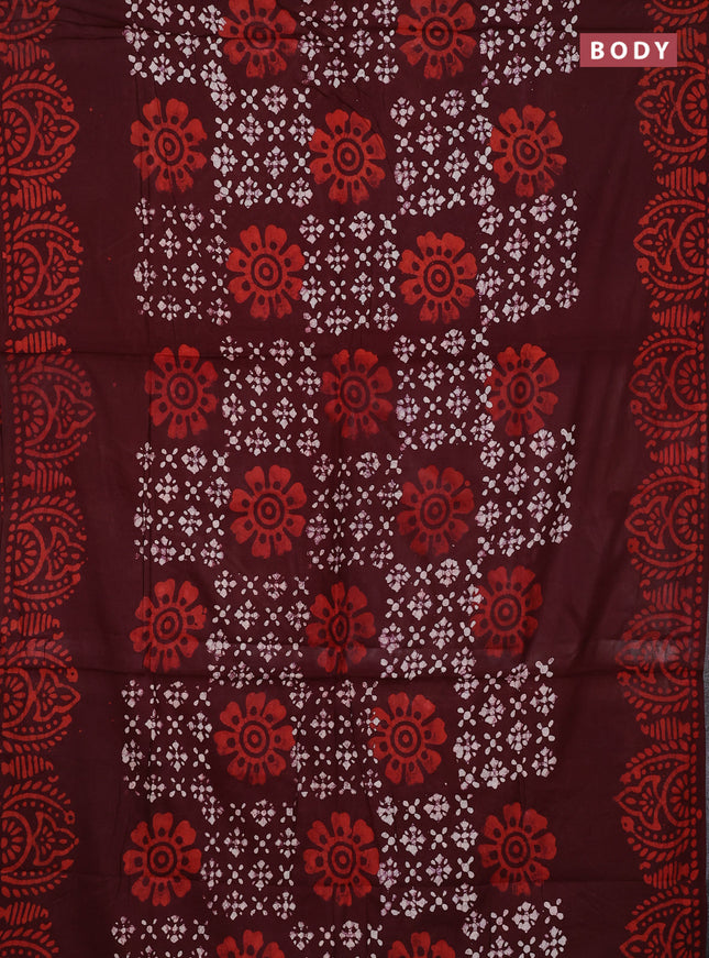 Batik cotton saree deep maroon with allover prints and batik printed border