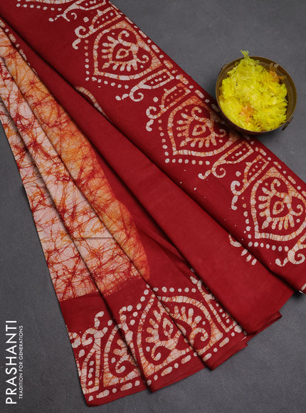 Batik cotton saree maroon with allover prints and batik printed border
