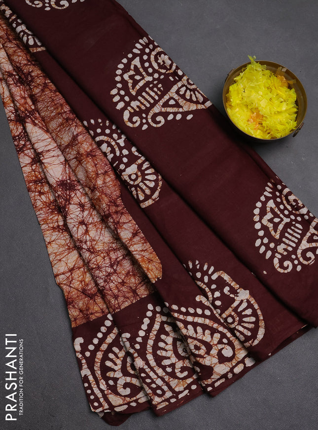 Batik cotton saree deep maroon with allover prints and batik printed border