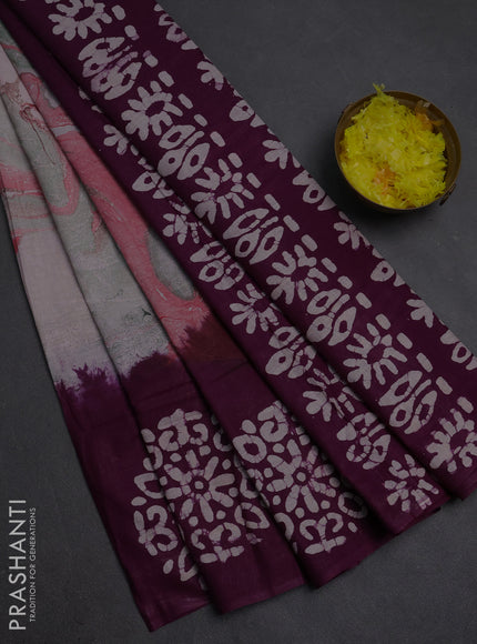 Batik cotton saree multi colour and deep purple with allover prints and batik printed border