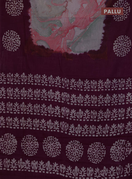 Batik cotton saree multi colour and deep purple with allover prints and batik printed border