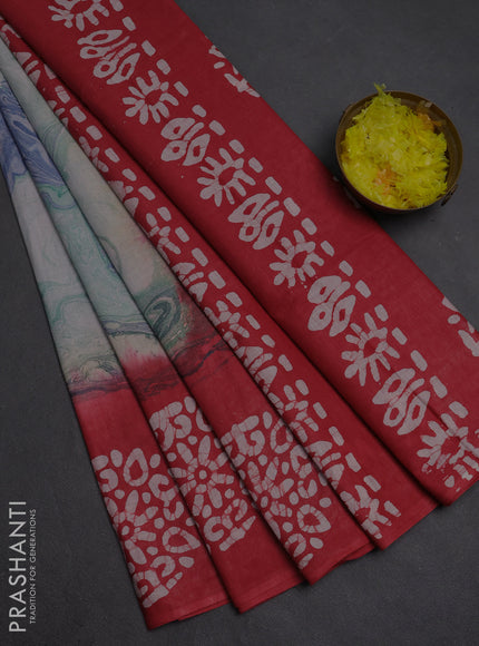 Batik cotton saree multi colour and red with allover prints and batik printed border