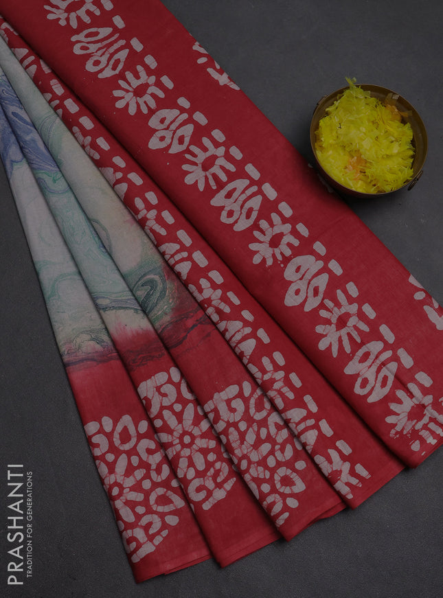 Batik cotton saree multi colour and red with allover prints and batik printed border