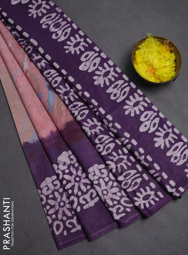 Batik cotton saree multi colour and violet with allover prints and batik printed border