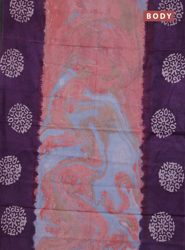 Batik cotton saree multi colour and violet with allover prints and batik printed border