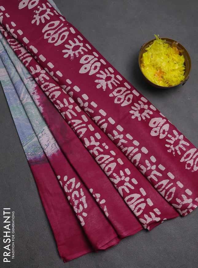 Batik cotton saree multi colour and wine shade with allover prints and batik printed border
