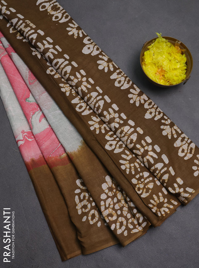 Batik cotton saree multi colour and mustard green with allover prints and batik printed border